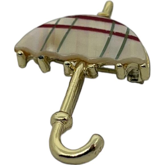 Vintage Umbrella Brooch Pin Mother of Pearl Red Stripe Gold Tone 1960s Parasol - Picture 8 of 15